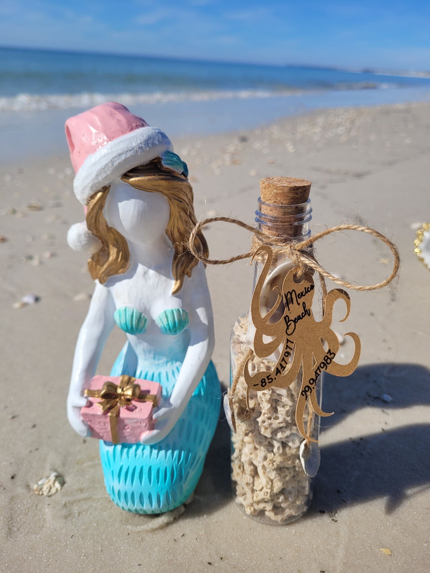 Coastal Elegant Decor: 6.5" Clear Plastic Bottle w/ Hand-Picked Shells & Coral from Mexico Beach, FL – Ocean-Themed Charm with Exclusive Mexico Beach Coordinates Tag