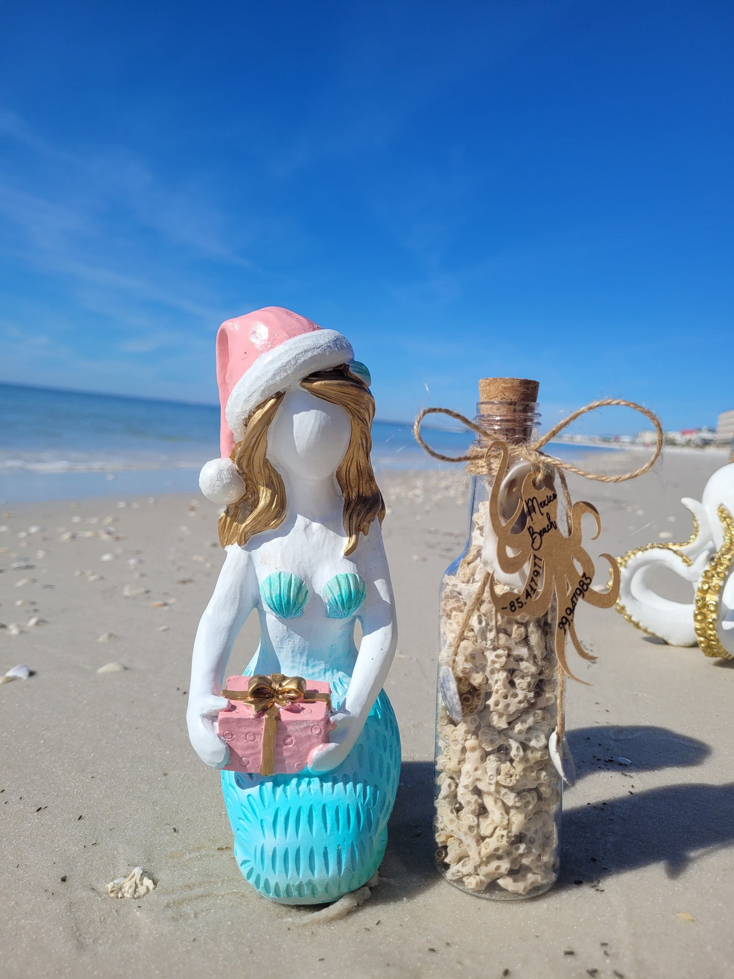 Coastal Elegant Decor: 6.5" Clear Plastic Bottle w/ Hand-Picked Shells & Coral from Mexico Beach, FL – Ocean-Themed Charm with Exclusive Mexico Beach Coordinates Tag