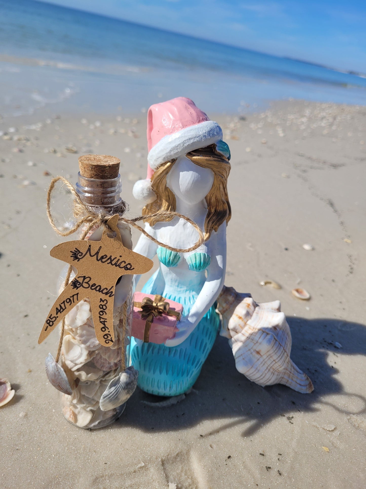 Coastal Elegant Decor: 6.5" Clear Plastic Bottle w/ Hand-Picked Shells & Coral from Mexico Beach, FL – Ocean-Themed Charm with Exclusive Mexico Beach Coordinates Tag