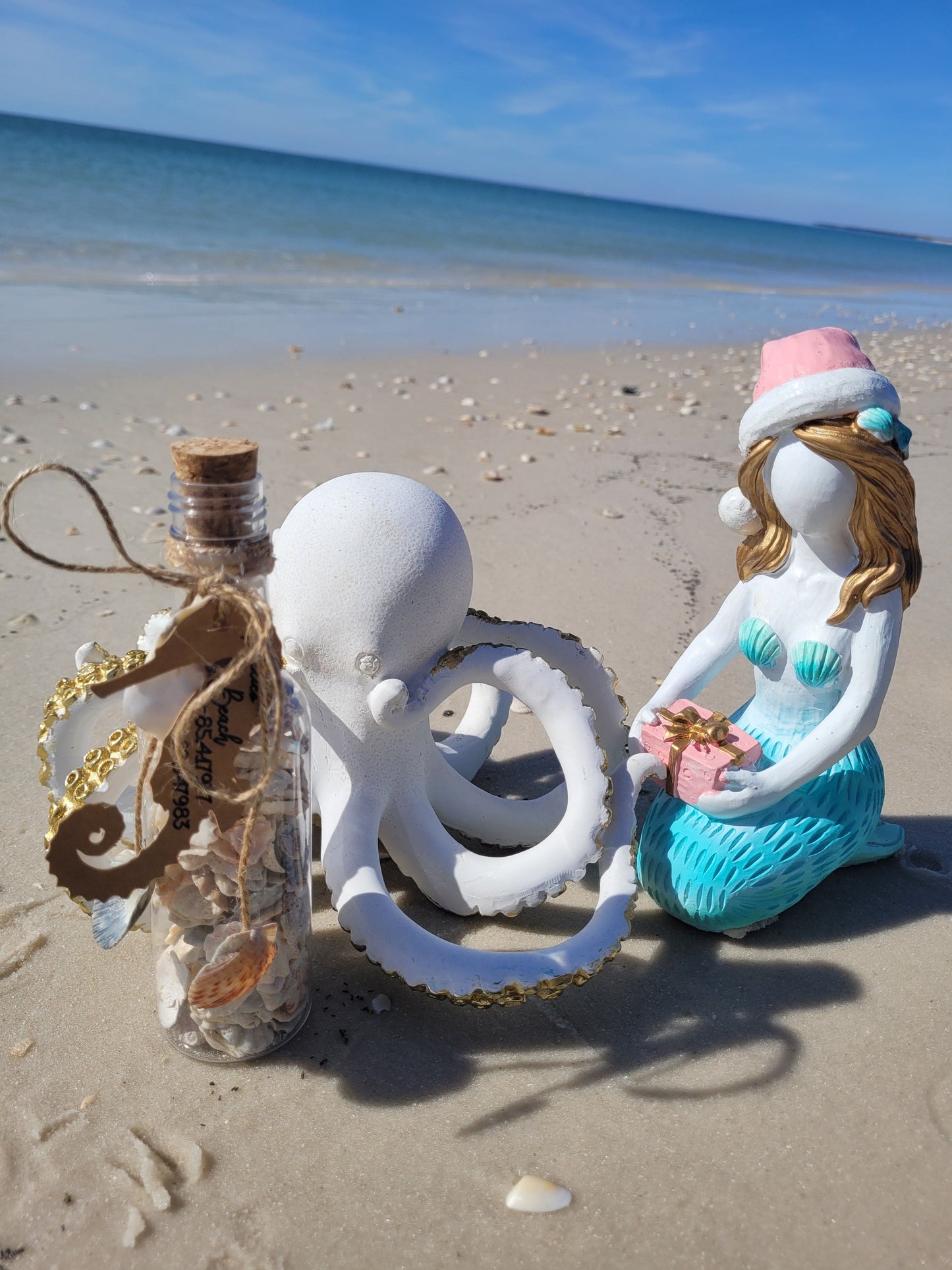 Coastal Elegant Decor: 6.5" Clear Plastic Bottle w/ Hand-Picked Shells & Coral from Mexico Beach, FL – Ocean-Themed Charm with Exclusive Mexico Beach Coordinates Tag
