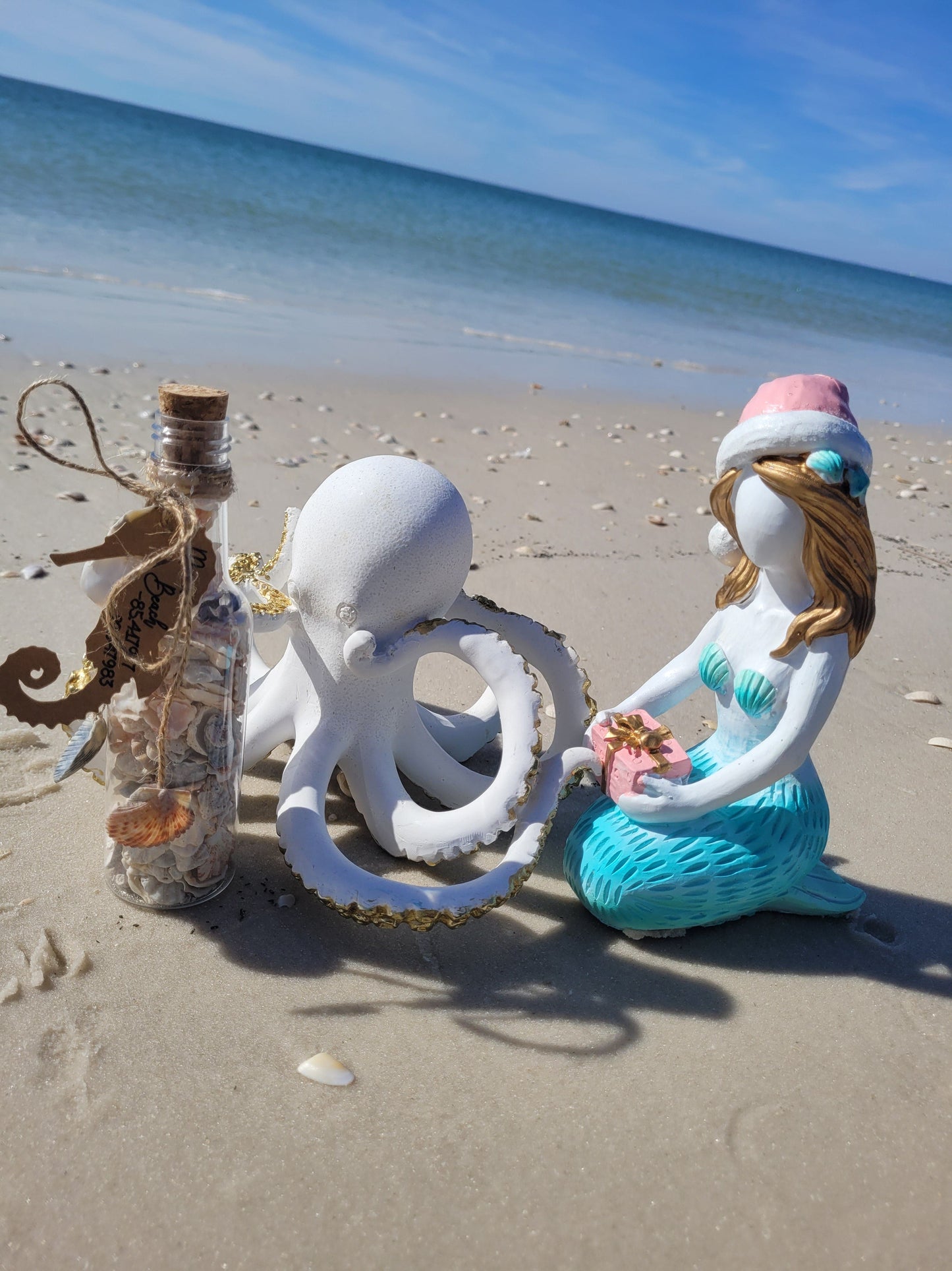 Coastal Elegant Decor: 6.5" Clear Plastic Bottle w/ Hand-Picked Shells & Coral from Mexico Beach, FL – Ocean-Themed Charm with Exclusive Mexico Beach Coordinates Tag