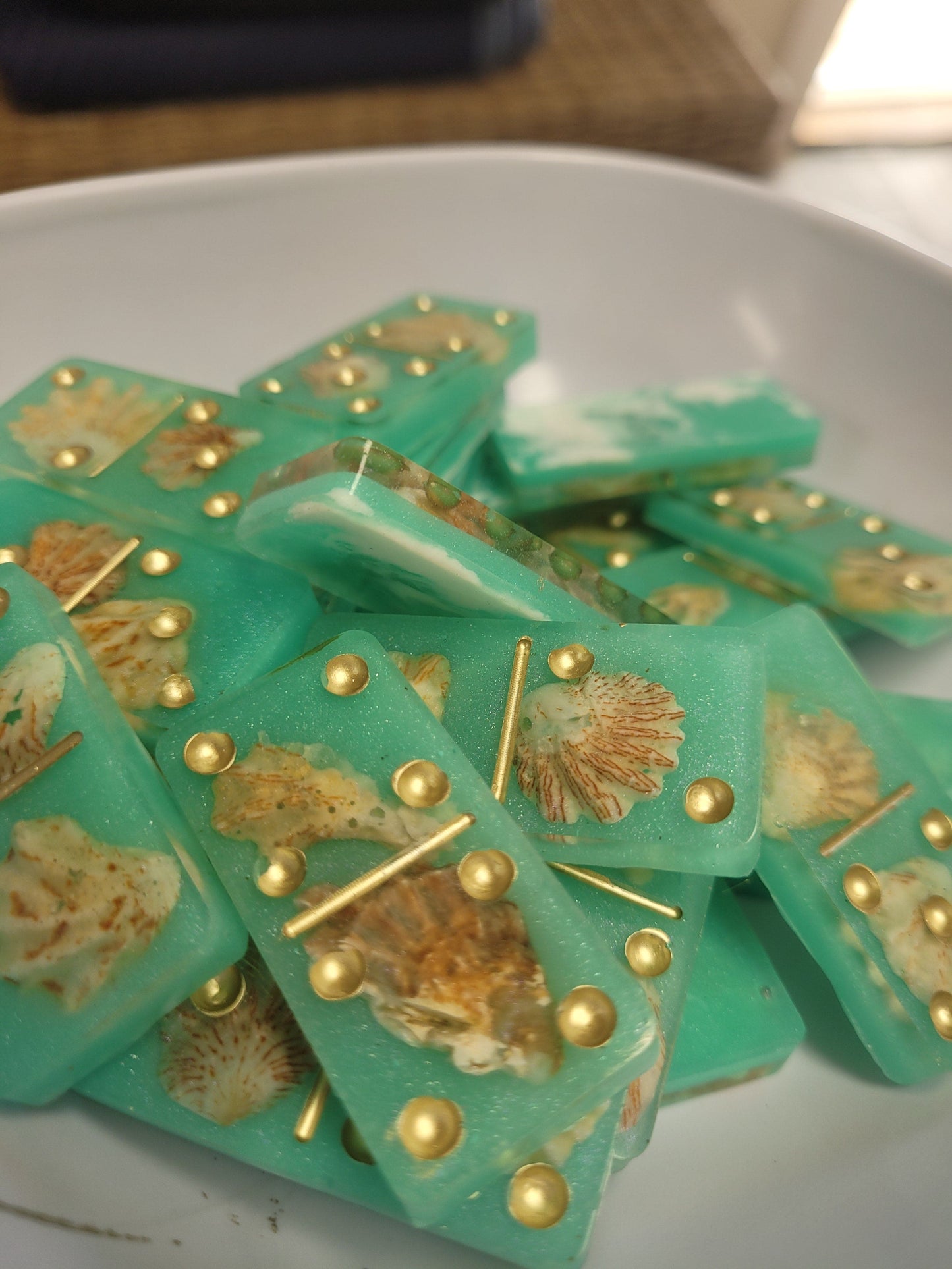 Flawed * Beach - Ocean Theme Tile Game - Dominoes w/ Gold Classic Pip Dots - Baby Kittens - Tiger Paw Sea Shells