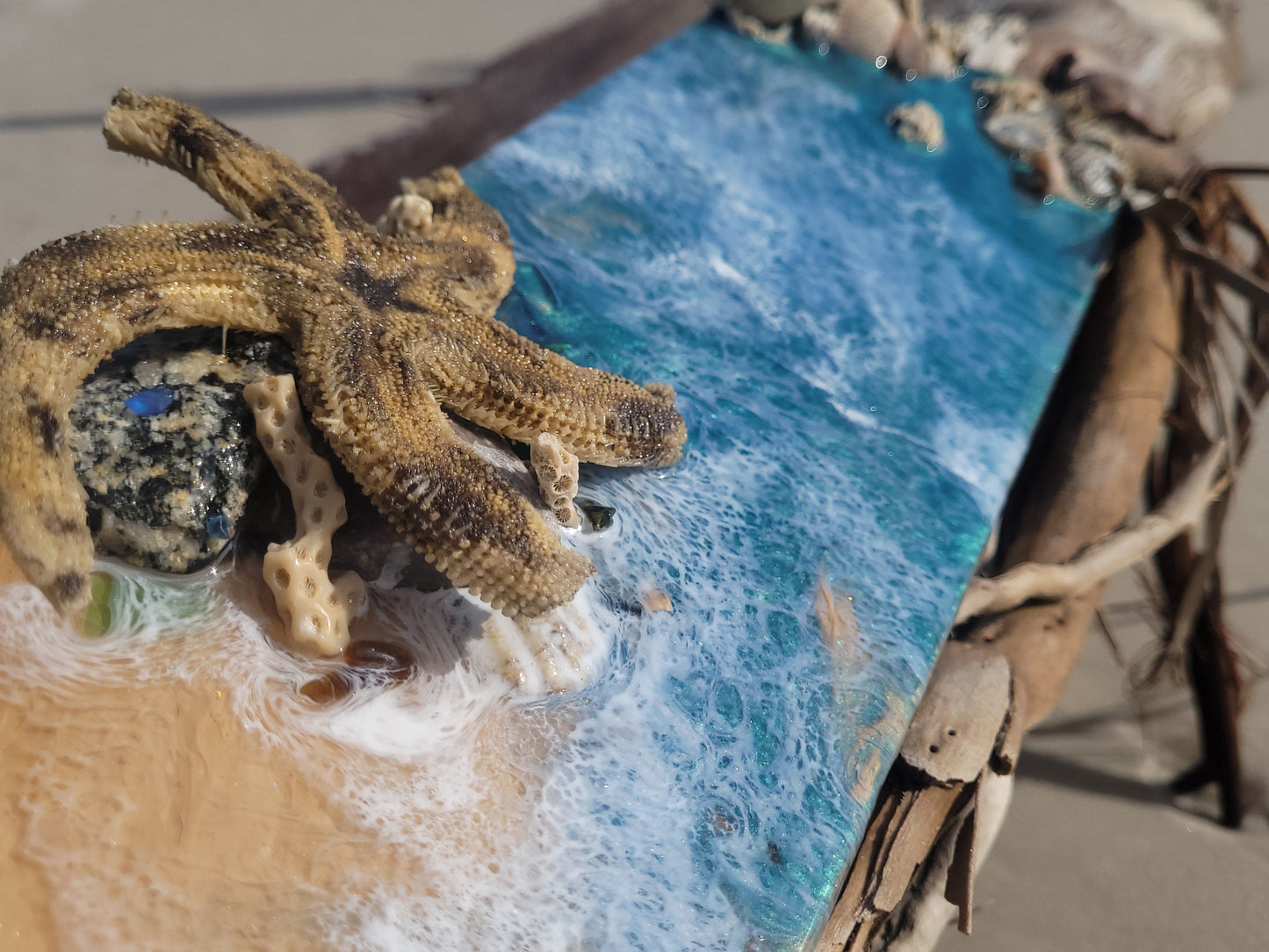 Coastal Reclamation - Layered and Textured Epoxy Beach Wall Art - Ocean Waves - Starfish and Seashells
