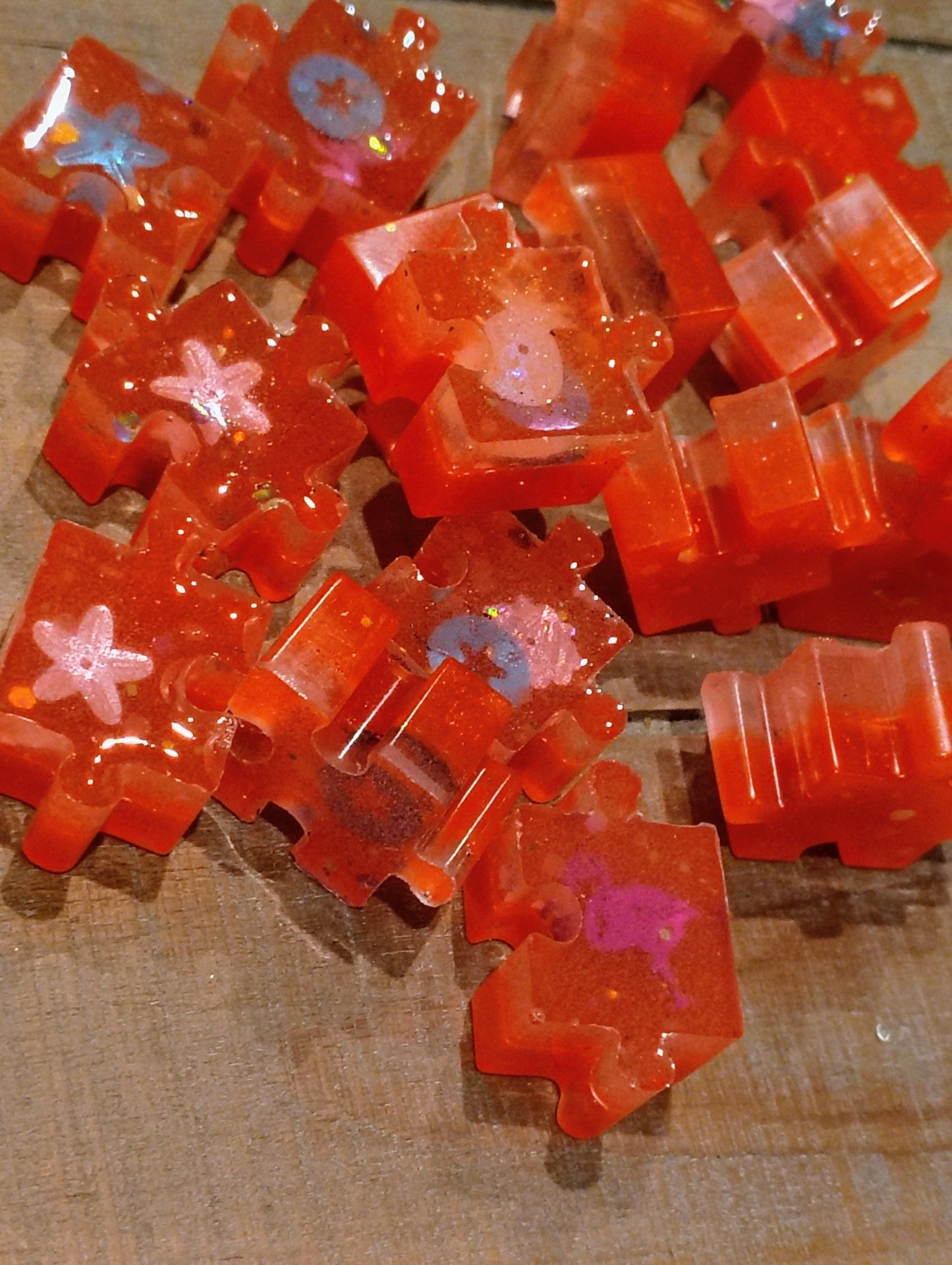 Bright Florescent Neon Orange Sparkly Glow in the Dark Glitter Resin Fidget Puzzle with Coastal Figures