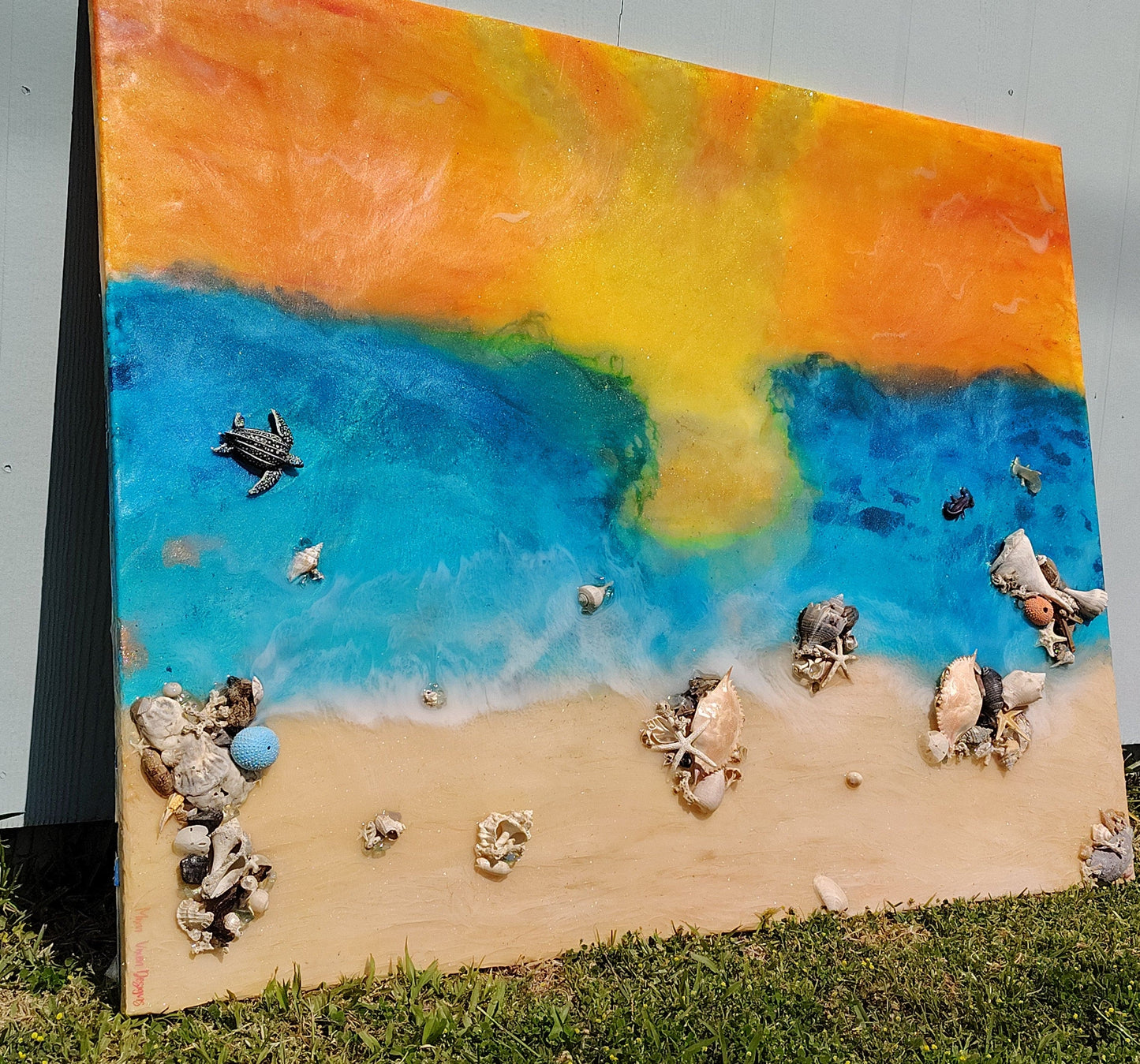 Mexico Beach Sunsets - Artisan Coastal Wall Art with Glow-in-the-Dark Epoxy - Resin - Sharks- Seashells- Turtles