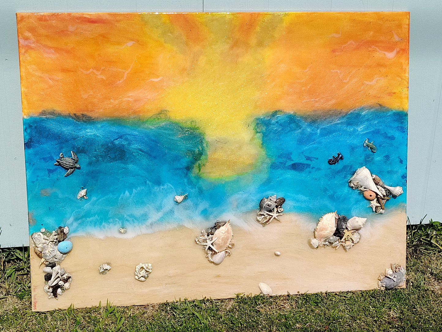 Mexico Beach Sunsets - Artisan Coastal Wall Art with Glow-in-the-Dark Epoxy - Resin - Sharks- Seashells- Turtles