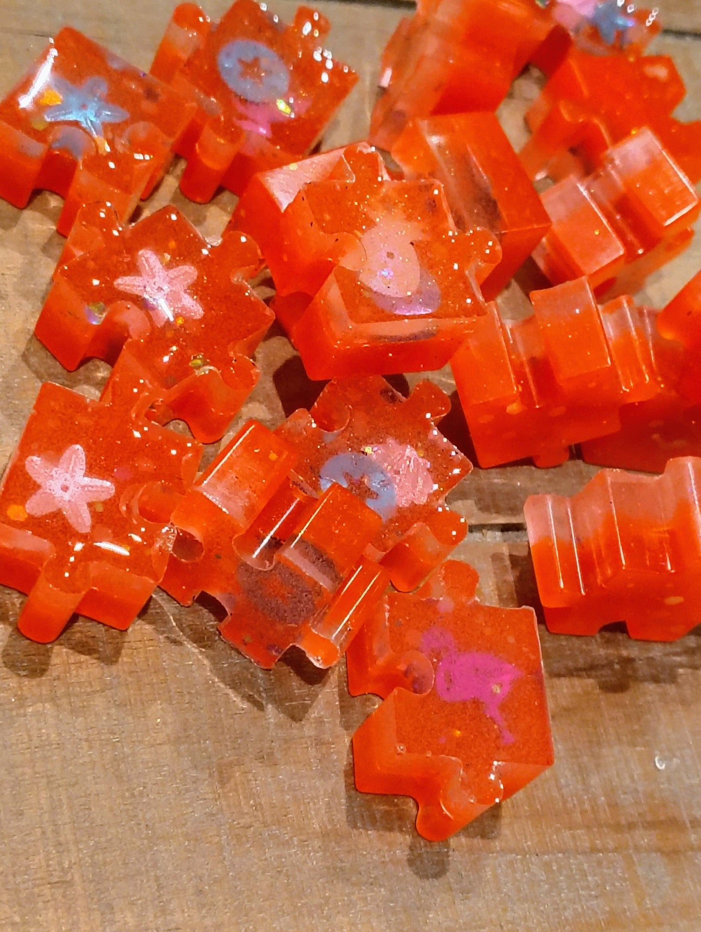 Bright Florescent Neon Orange Sparkly Glow in the Dark Glitter Resin Fidget Puzzle with Coastal Figures