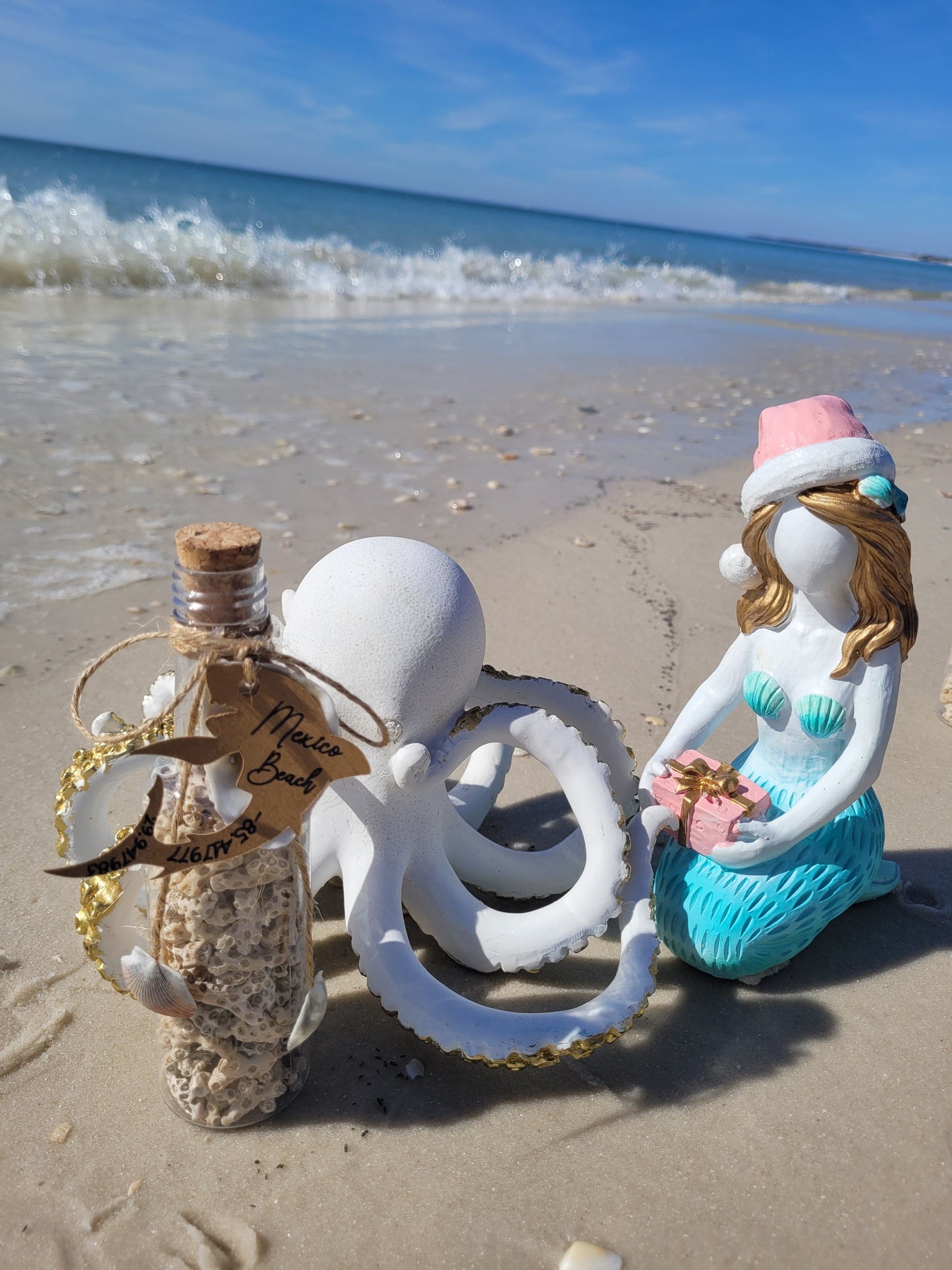 Coastal Elegant Decor: 6.5" Clear Plastic Bottle w/ Hand-Picked Shells & Coral from Mexico Beach, FL – Ocean-Themed Charm with Exclusive Mexico Beach Coordinates Tag