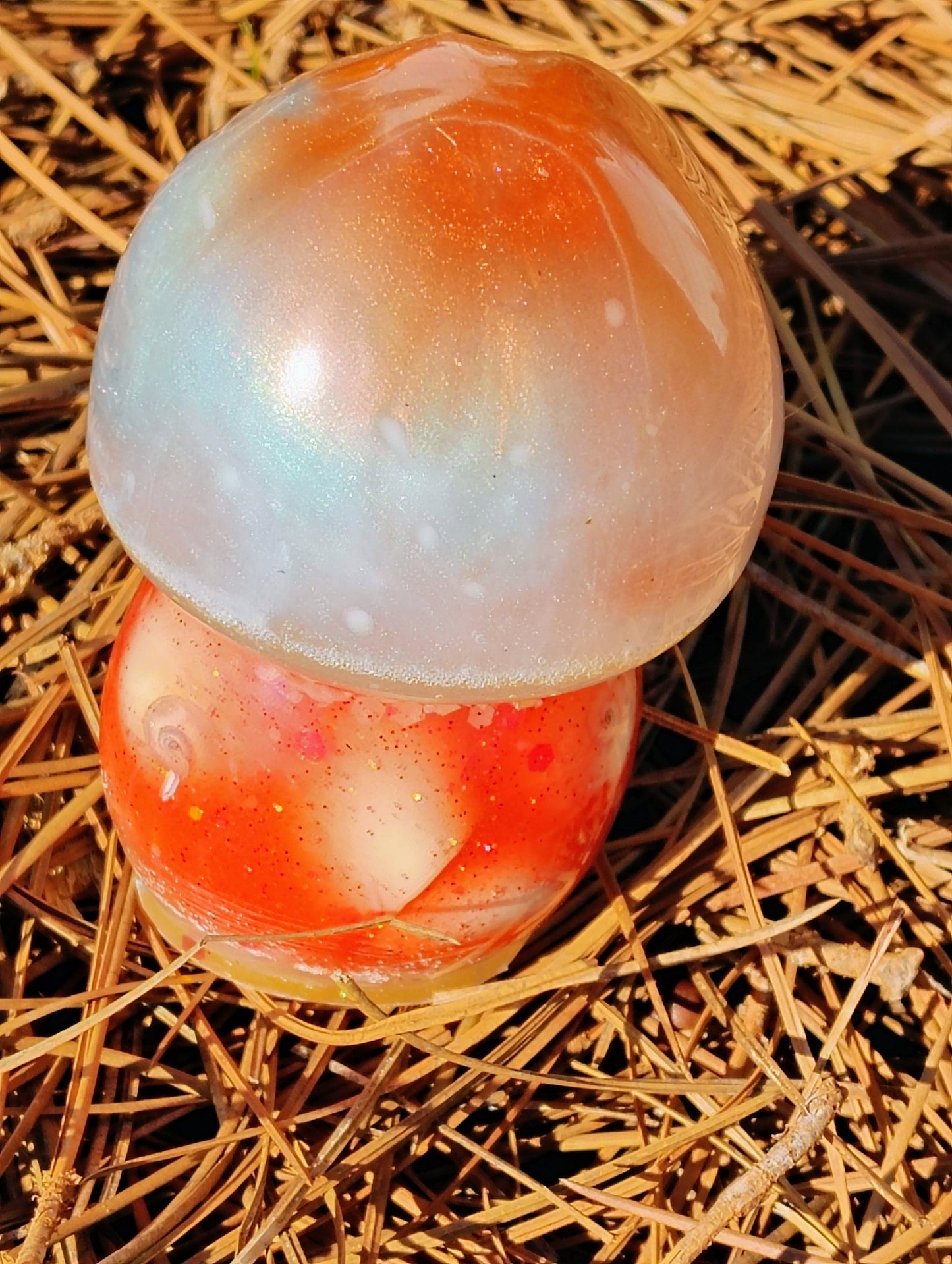 Resin EpoxyShimmery Orange Glowing Mushroom Decor Accent Paper Weight - BOHO, Hippie, Coastal Decor