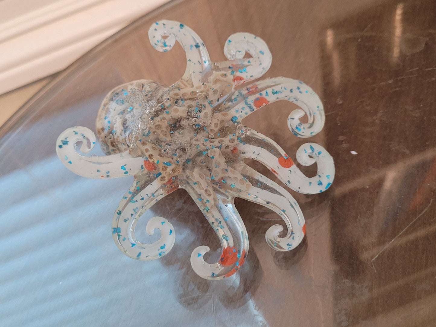 Artisan Hand Crafted Epoxy Resin Coral Head White and Orange Octopus Decor - Accent - Knick Knack - Paper Weight