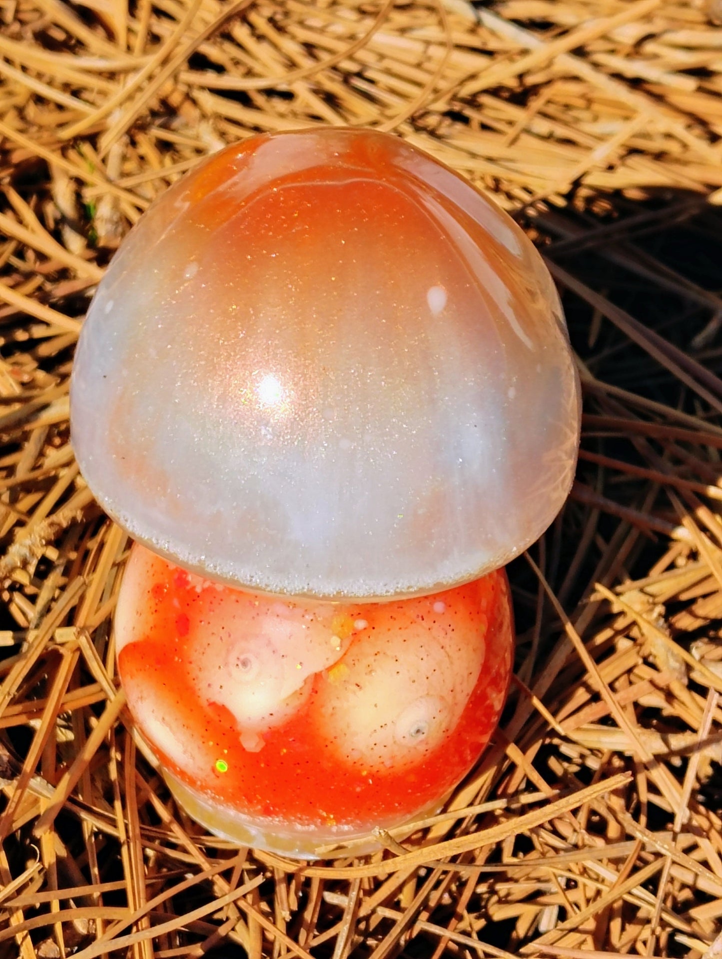 Resin EpoxyShimmery Orange Glowing Mushroom Decor Accent Paper Weight - BOHO, Hippie, Coastal Decor